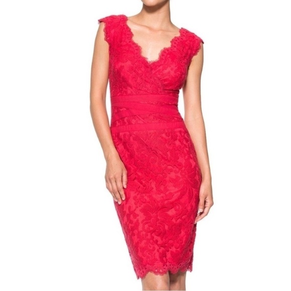 Tadashi Shoji Embroidered Lace Cockatil Sheath Dress in Red Sleeveless Size 6 - Picture 9 of 13
